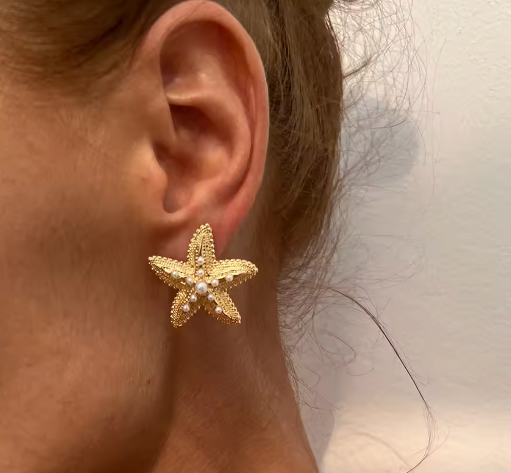 Gold Starfish Pearl Stud Earrings