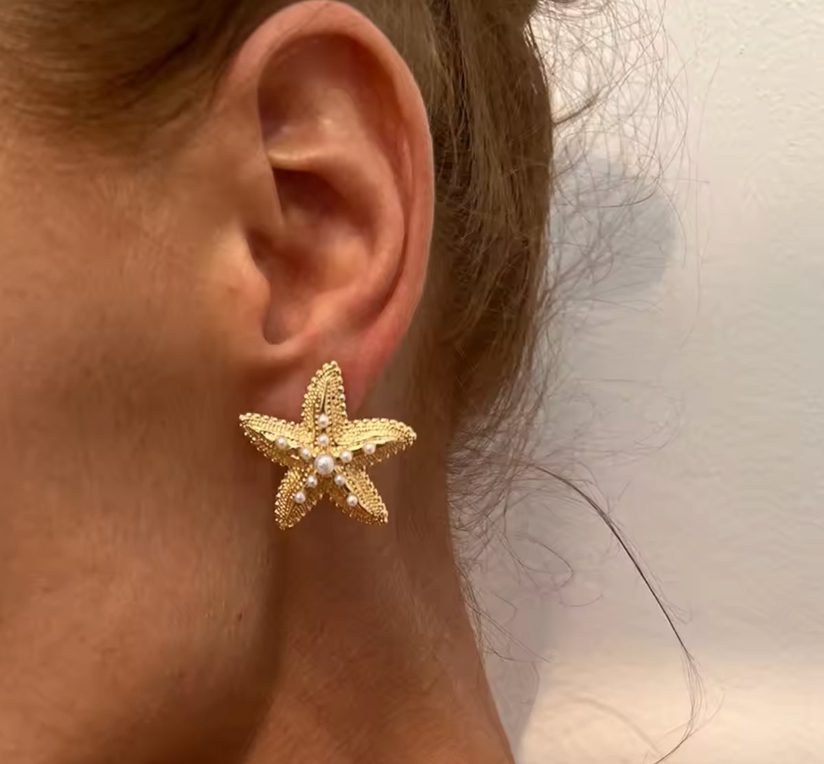 Gold Starfish Pearl Stud Earrings