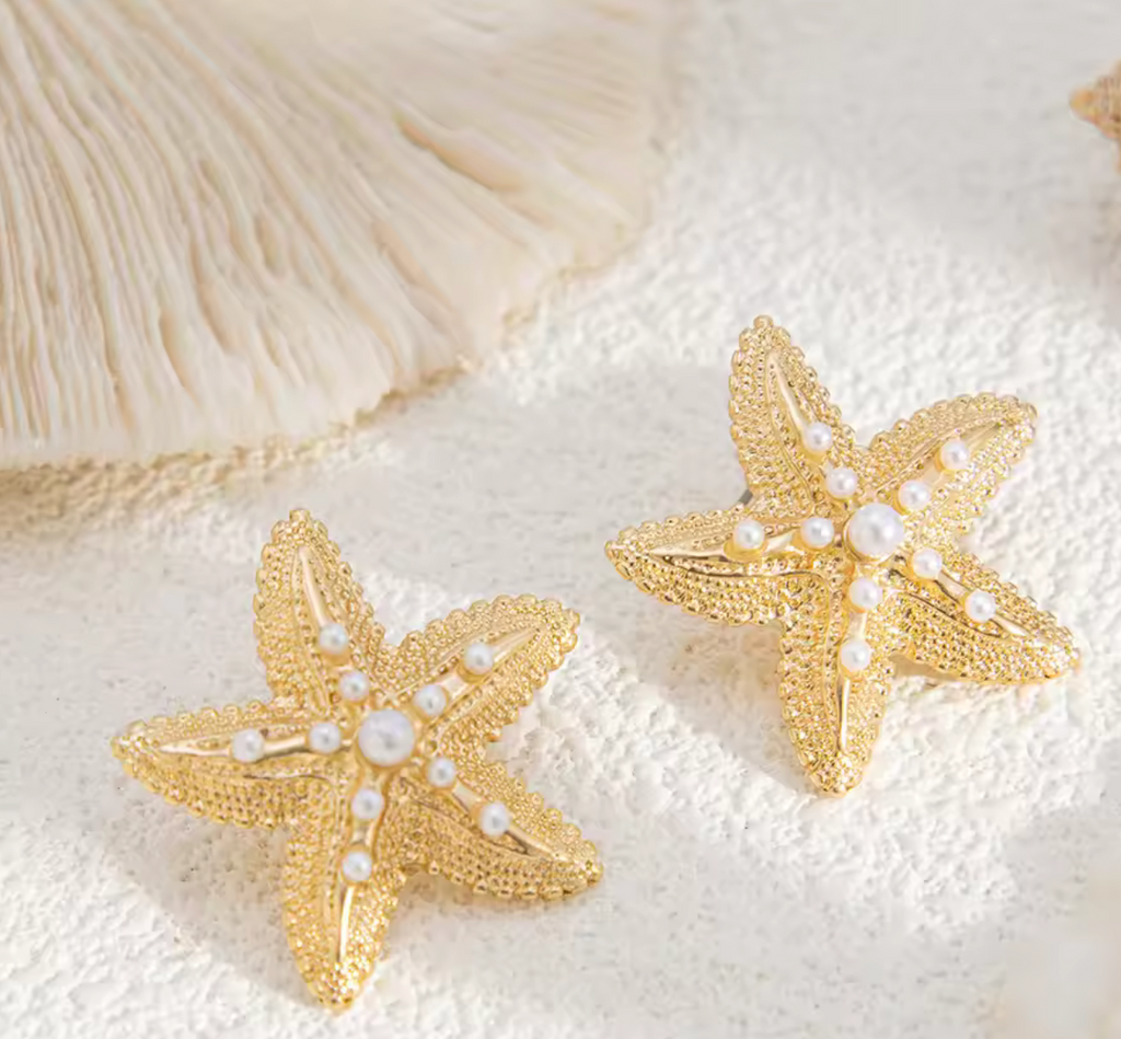 Gold Starfish Pearl Stud Earrings