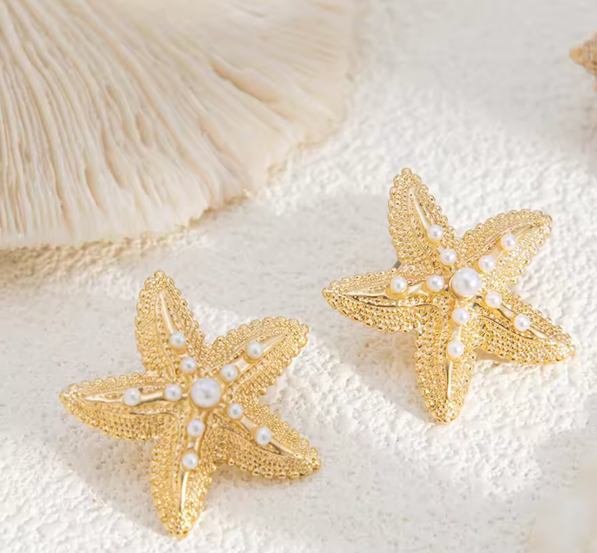 Gold Starfish Pearl Stud Earrings