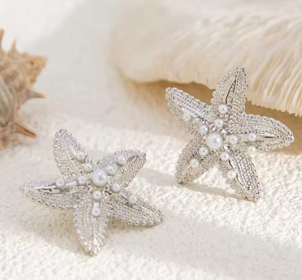 Gold Starfish Pearl Stud Earrings