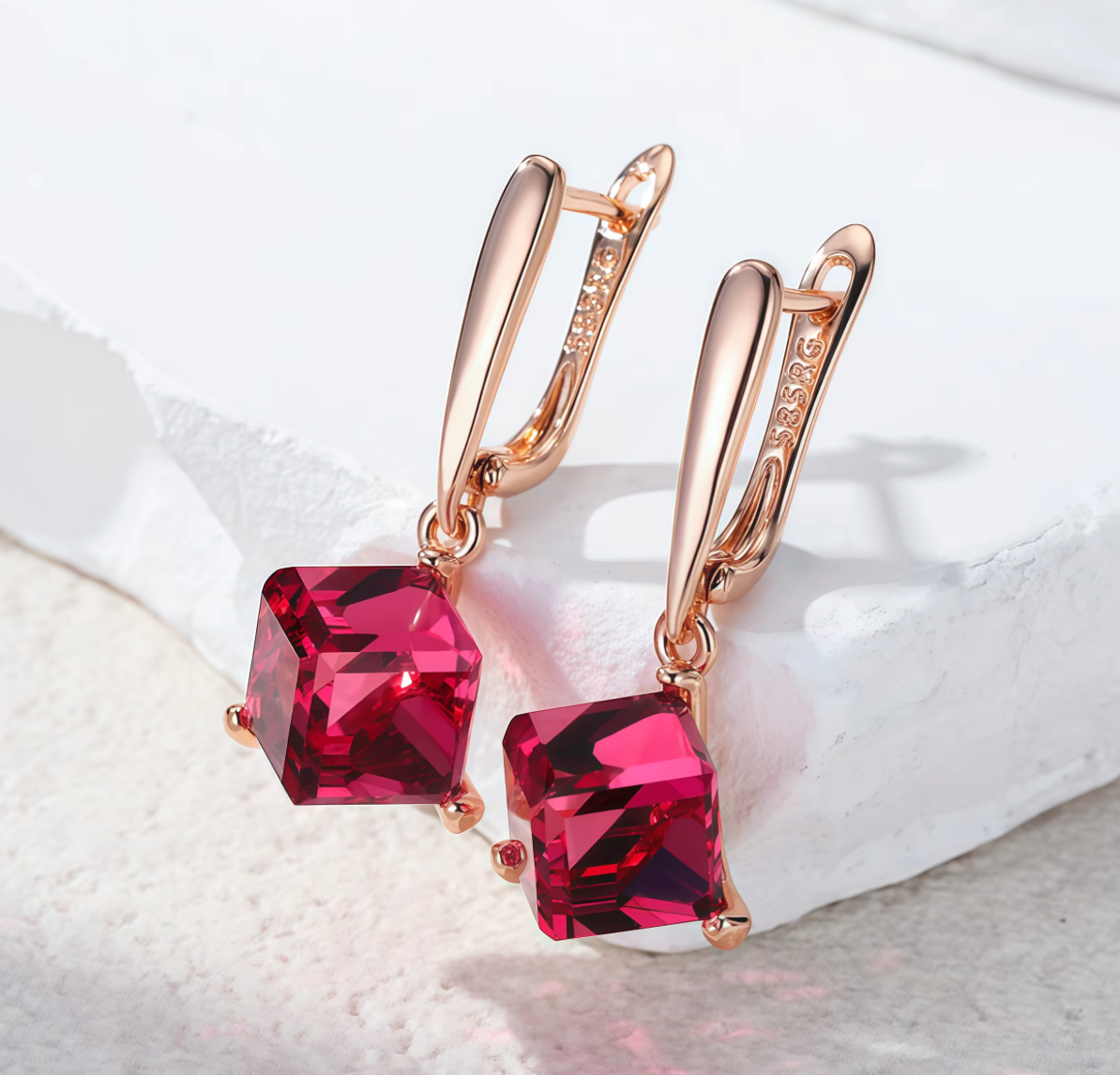 Rose Gold Red Stone Long Drop Earrings