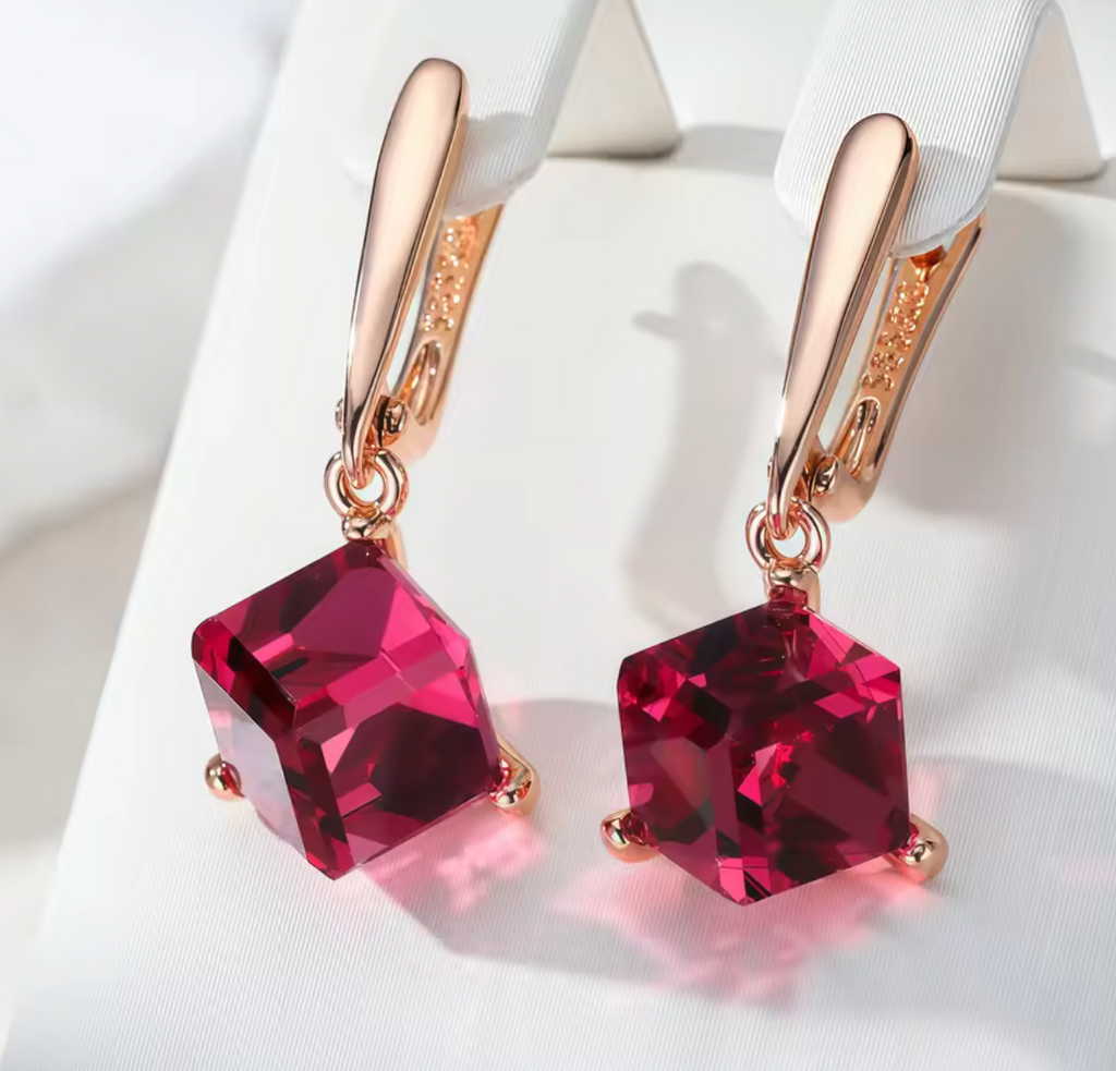 Rose Gold Red Stone Long Drop Earrings