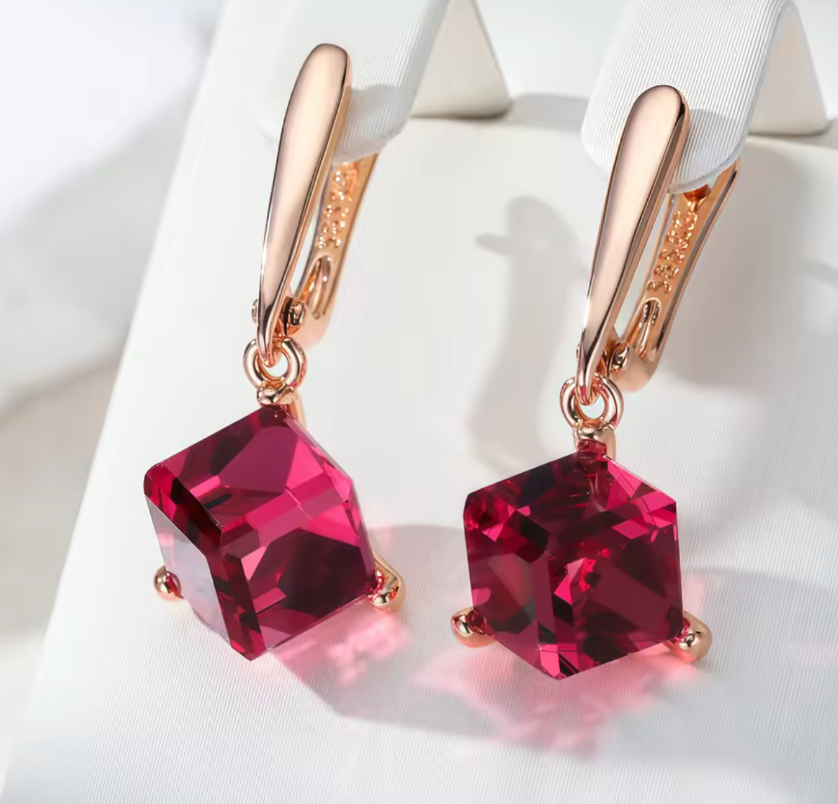 Rose Gold Red Stone Long Drop Earrings