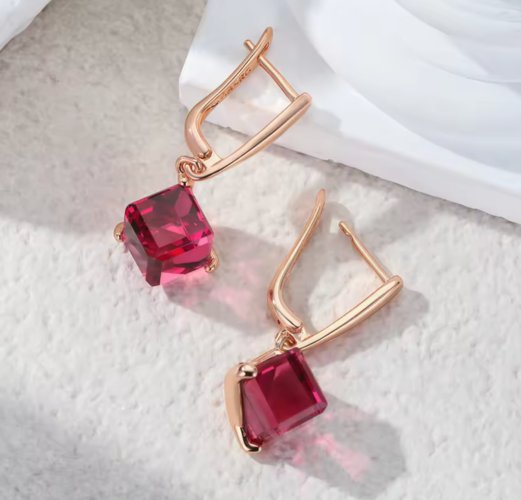Rose Gold Red Stone Long Drop Earrings